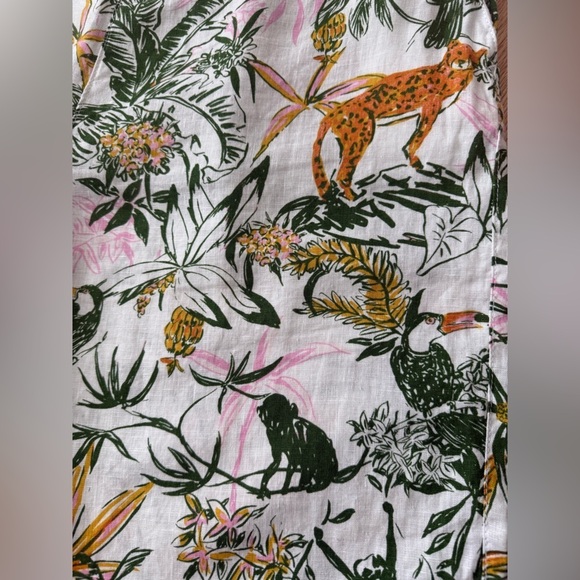 100% Linen Tropical Jungle Wide Leg Pull On Elastic Waist Cropped White Pants XL - Picture 11 of 12